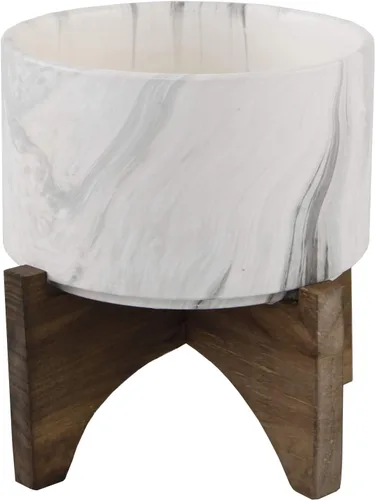 Vista 5 de Flora Bunda Mid Century - Soporte de cerámica de lava sobre madera, 5.1 pulgadas, color azul