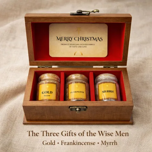 Vista 5 de Regalos de los Tres Reyes – Juego de regalo de oro, incienso y mirra de Tierra Santa – Juego de recuerdos de la Natividad – Caja de exhibición