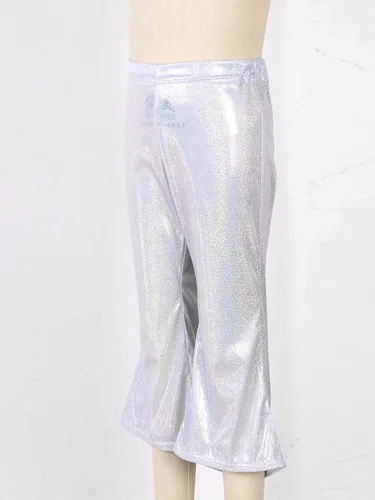 Vista 4 de Agoky Pantalones de baile de lentejuelas brillantes para niñas y niñas, pantalones acampanados de pierna ancha, pantalones acampanados para hip hop