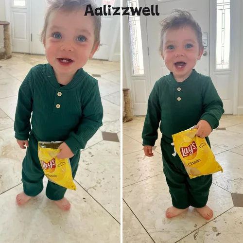 Vista 3 de Aalizzwell Traje acanalado de manga larga neutral para bebé con sombrero y diadema