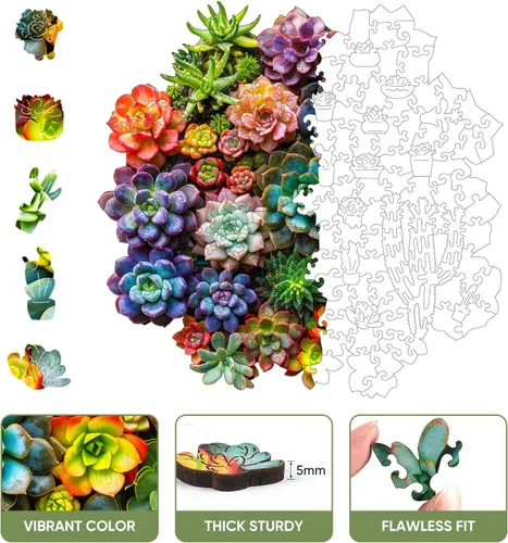 Vista 42 de Mys Aurora Rompecabezas de madera de cactus para adultos, 200 piezas Flor de cactus