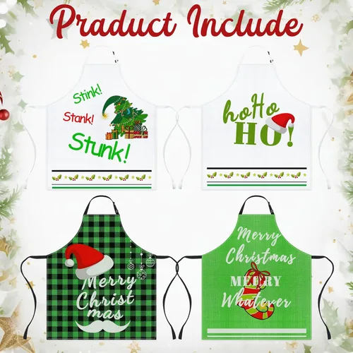 Vista 2 de Juego de 4 delantales de Navidad – Delantales ajustables con árbol de Navidad, medias, muñeco de nieve para la familia, decoración festiva de cocina