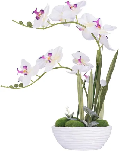 Vista 17 de Planta de orquídea artificial grande en maceta, arreglo floral de seda con jarrón de cerámica, morado oscuro