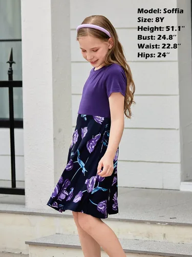 Vista 4 de GORLYA Vestido de fiesta de manga corta con estampado floral para niñas de 4 a 12 años