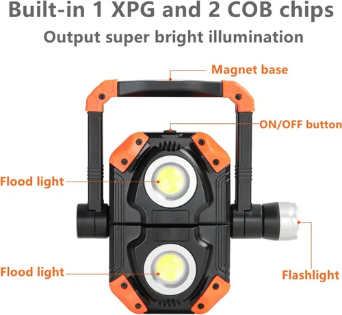 Vista 2 de sunzone Luz de trabajo LED recargable, foco de luz de inundación portátil 2 en 1 iluminación para sitio de trabajo con bases magnéticas, luz LED