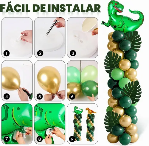 Vista 5 de Juego de 2 soportes de columna de globos de dinosaurio, kit de columna de globos de oro verde y verde ajustable con temática de dinosaurio