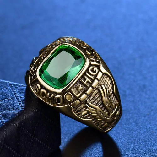 Vista 3 de MASOP Anillo de piedra verde de color esmeralda Joyería masculina de acero inoxidable Anillos de escuela secundaria de águila Tamaño 8-15