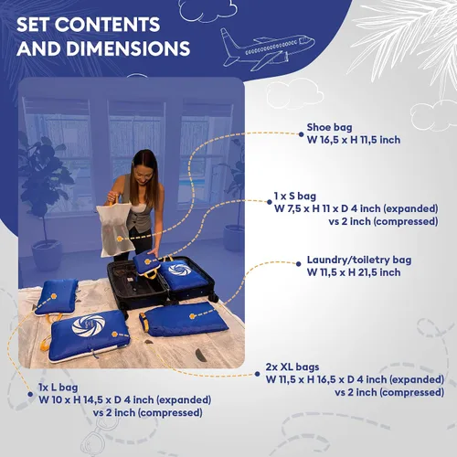 Vista 2 de TRAVEL INSIDE, Juego de 6 bolsas de cubo con malla transparente, organizadores de viaje ligeros para maleta, azul con zapatos y bolsa de lavandería