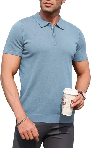 Vista 9 de RQP Camisas polo con cremallera para hombre, camisas casuales de punto de manga corta/larga, camisas de golf elásticas ajustadas, suéter suave