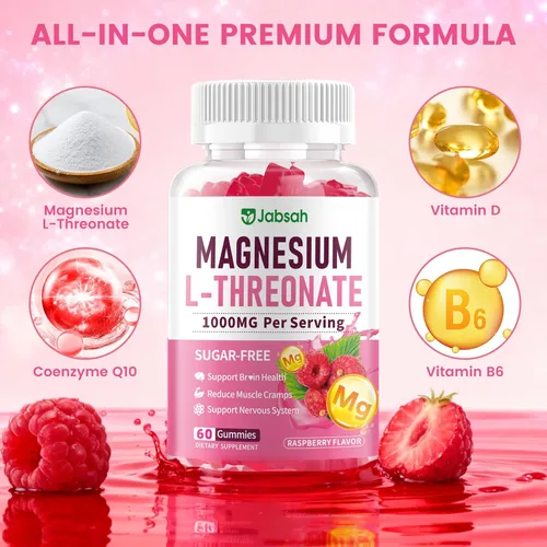 Vista 3 de Gomitas de magnesio L-treonato de 1000 mg para niños y adultos, suplemento de treonato de magnesio con vitamina D, B6 y coenzima Q10, apoyo