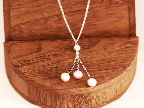 Vista 6 de Collar Lariat de plata de ley con 3 perlas cultivadas de agua dulce, 18 largo, Plata esterlina, Perla
