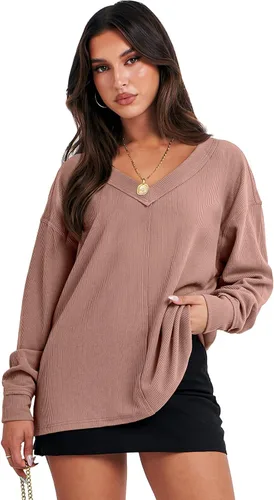 Vista 2 de ANRABESS Camisas de manga larga de gran tamaño para mujer, sudadera con hombros descubiertos, holgada, cuello en V, suéter alto y bajo 2025