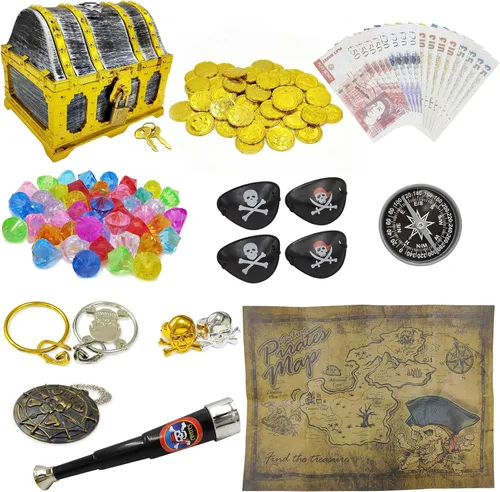 Vista 8 de Cofre del tesoro pirata con marco dorado para niños con cerradura y llave, almacenamiento de colección de tesoros y caja decorativa para favores