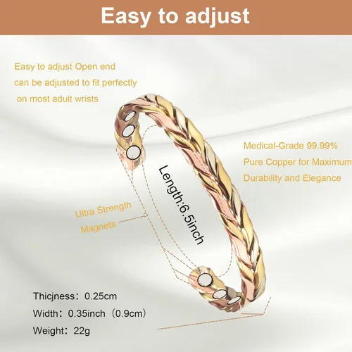 Vista 2 de Pulseras de cobre para mujer para artritis y articulaciones, 6.5 pulgadas, cobre puro, tres colores, trenzada, pulsera de terapia magnética, joyería