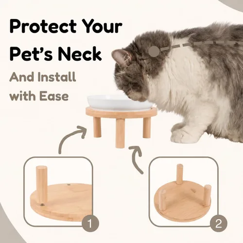 Vista 4 de Cuencos elevados de cerámica para gatos con soporte de bambú, platos elevados de comida para mascotas para gatos y perros pequeños, comedero