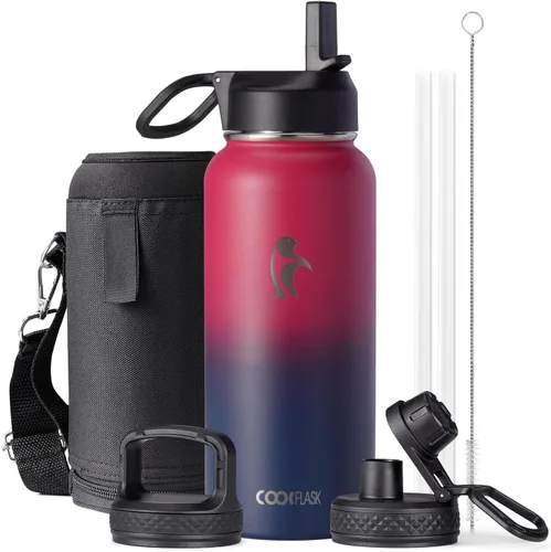 Vista 44 de Coolflask Botella de agua de 20 onzas aislada con pajilla, 3 tapas de metal de acero inoxidable, botella de agua de boca ancha para deportes u