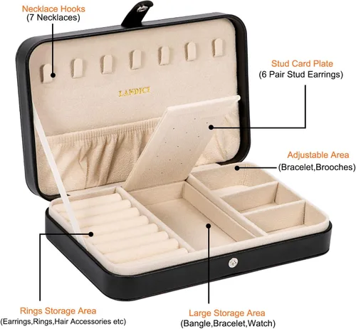 Vista 3 de LANDICI - Caja de joyería pequeña para mujeres y niñas, estuche organizador de joyería de viaje de cuero PU, soporte portátil para almacenamiento