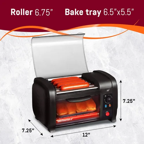 Vista 4 de Elite Gourmet EHD-051BX Horno Tostador para Hot Dog, Temporizador de 30 Minutos, Rodillos de Calentamiento de Acero Inoxidable, Bandeja para Migas