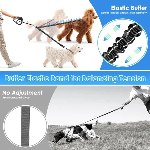 Vista 2 de Correa doble para perros, sin enredos, rotación giratoria de 360°, reflectante, con extensión de bungee, divisor para dos perros, cómoda