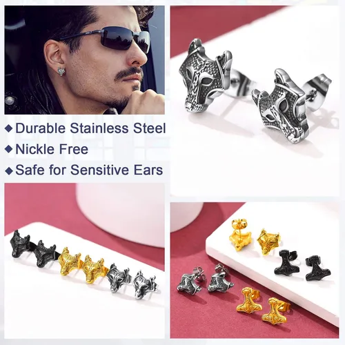 Vista 9 de FaithHeart Norse Vikingo Jewelry - Aretes de tuerca de plata de ley de acero inoxidable, lobo celtamartillo de Thors para mujeres y hombres, Acero