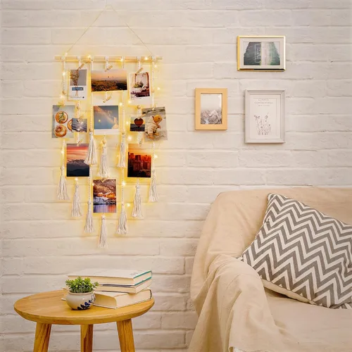 Vista 6 de Dahey Exhibición de fotos colgante para dormitorio, decoración de pared de macramé, marcos de fotos boho collage con 30 clips para colgar fotos