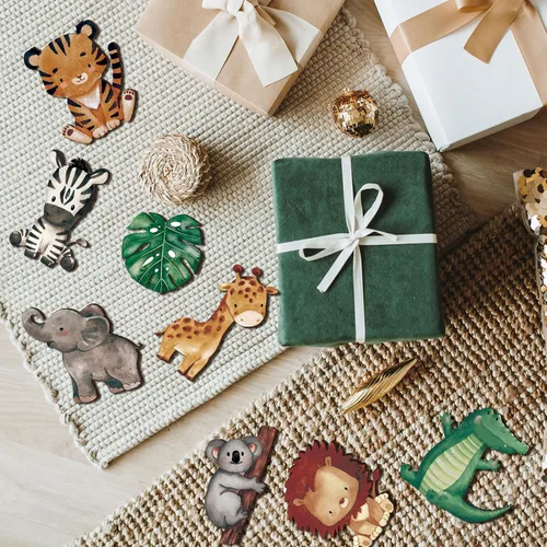 Vista 7 de Geetery 12 piezas de animales del bosque de madera con formas recortadas de animales pintados de bosque de safari para baby shower, criaturas