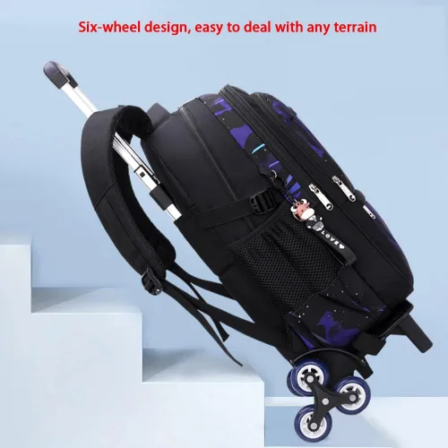 Vista 6 de CUSALBOY Bolsas escolares de tela Oxford para niños, mochila de viaje con seis ruedas y patrón de dinosaurio, Azul 1, Mochila con ruedas