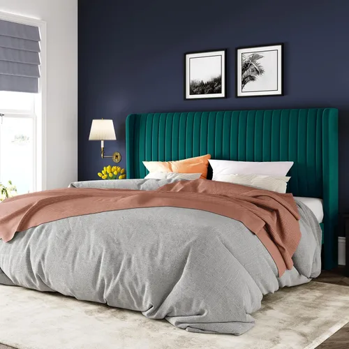 Vista 22 de Allewie - Base de cama tamaño Full con cabecera tapizada en terciopelo y diseño acanalado vertical; plataforma de cama tapizada; listones de madera