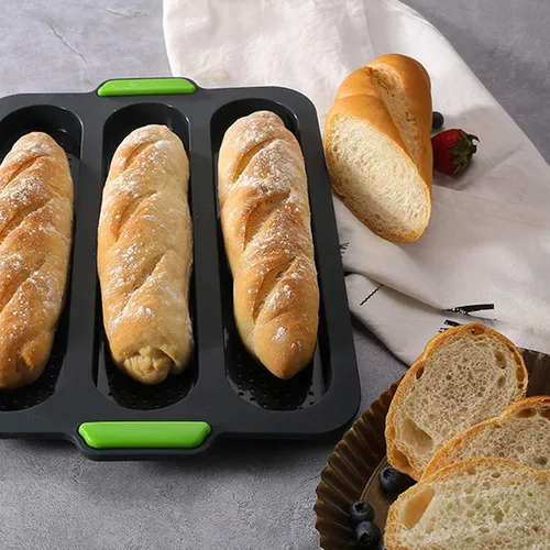 Vista 6 de Molde de silicona para baguette, antiadherente de 3 olas, pan de tostada francesa, molde para hornear, moldes de silicona perforados, molde
