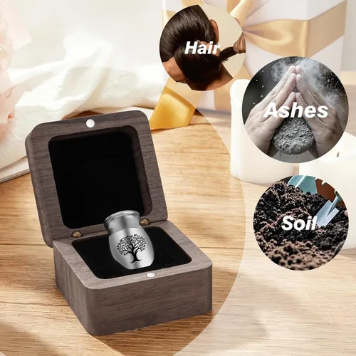 Vista 6 de SOITIS Urnas pequeñas para cenizas humanas, recuerdo de acero inoxidable, mini urnas para cenizas humanas, caja de madera para compartir cenizas