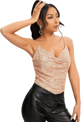 Vista 4 de SweatyRocks Camiseta corta sin mangas con lentejuelas brillantes para mujer, con tirantes delgados, para fiesta