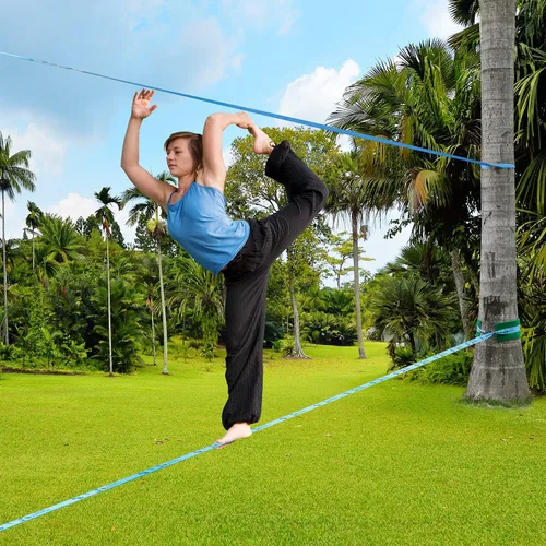 Vista 7 de Oumers Slackline Kit de regalo para principiantes con línea Blance principal de 50 pies, protector de árbol, cubierta de trinquete, bolsa