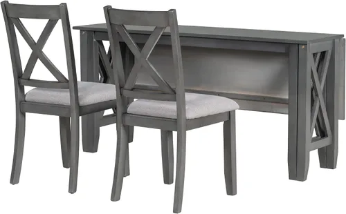 Vista 30 de Juego de mesa de comedor vintage de 6 piezas, juego de mesa de comedor de cocina de madera maciza con 4 sillas ergonómicas acolchadas y banco, mesa