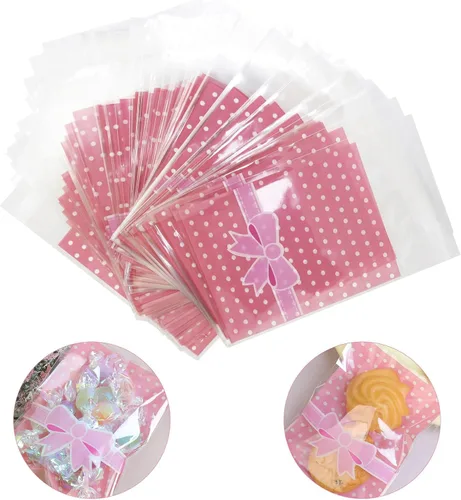 Vista 6 de Bitray 200 bolsas de dulces autosellantes de 5.5 x 5.5 pulgadas, patrón Sakura, autoadhesivas, bolsas de galletas rosas para regalo, bolsas