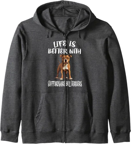 Vista 5 de La vida es mejor con la sudadera con capucha Staffordshire Bull Terriers Dogs Zip, Negro