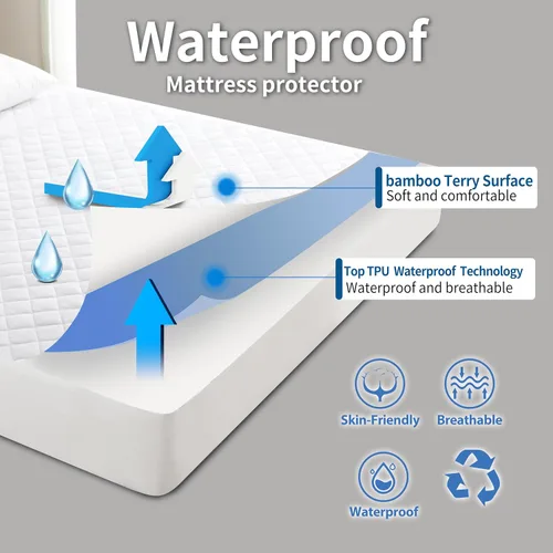 Vista 2 de Protector de colchón 100% impermeable de viscosa de bambú, sábana bajera acolchada con bolsillo profundo de 8 a 16 pulgadas, fibra de enfriamiento