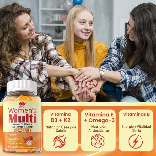 Vista 6 de Gomitas multivitamínicas para mujer Plus D3 K2, Omega-3, sin azúcar, 120 gomitas