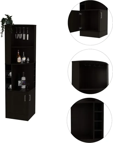 Vista 6 de FM FURNITURE The Seattle - Armario esquinero para bar con 3 estantes abiertos, estante de cristal, 8 cubos de botellas y puertas dobles, color negro