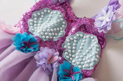 Vista 5 de Disfraz de princesa Ariel de sirena, vestido de fiesta de cumpleaños para niñas, regalo de cumpleaños, disfraz de Halloween