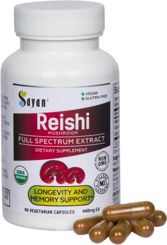 Vista 10 de Sayan 7 Extracto de hongos 90 cápsulas/440 mg ea – Apoyo inmunológico y energía – Chaga orgánico, Reishi, melena de león, maitake, shiitake, mezcla