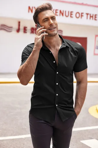 Vista 4 de COOFANDY Camisas de vestir para hombre, sin arrugas, manga corta, casual, con botones