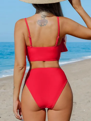 Vista 2 de CUPSHE Conjunto de bikini de dos piezas para mujer, traje de baño de cintura alta con volantes