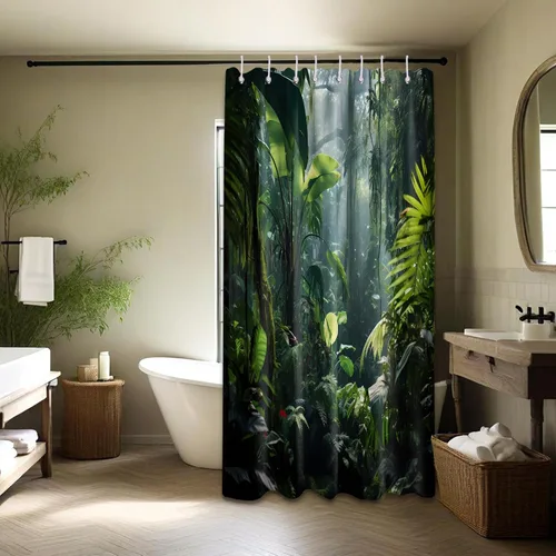 Vista 3 de Cortina de ducha verde de selva naturaleza bosque selva tropical paisaje planta tropical decoración de baño, tela impermeable con ganchos, 36x72