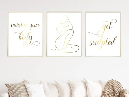 Vista 2 de NATVVA 3 piezas de impresiones artísticas de pared con texto en inglés "Invest In Your Body Get Sculpted", pósteres dorados para esculpir el cuerpo