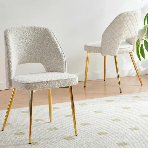Vista 6 de NORDICANA Juego de 2 sillas de comedor modernas, sillas acentuadas tapizadas en beige bouclé con patas doradas de metal, sillas laterales