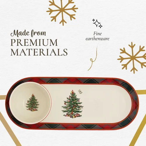 Vista 4 de Spode Christmas Tree - Juego de 2 piezas de chips y salsa de tartán – Plato para servir las fiestas de 13 pulgadas con cuenco de inmersión – Borde a