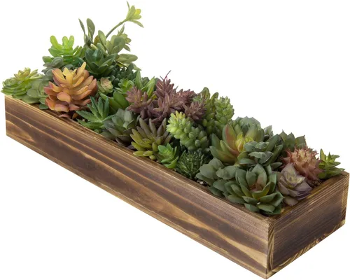 Vista 11 de MyGift Arreglo de suculentas artificiales surtidas en caja rectangular de madera negra, decoración de plantas falsas