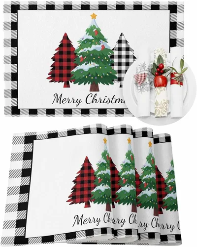 Vista 11 de Juego de 4 manteles individuales de reno de Navidad para mesa de comedor, alce de Navidad con bufanda, a cuadros de búfalo rojo, verde, duradero