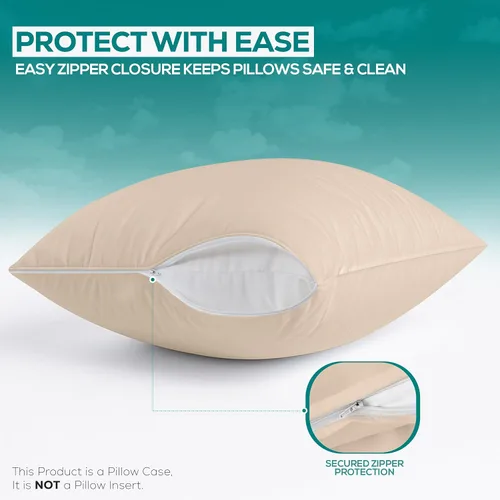 Vista 4 de Utopia Bedding Protector de almohada impermeable, con cremallera, paquete de 2, beige, estándar, funda de almohada a prueba de chinches, de 20 x 26