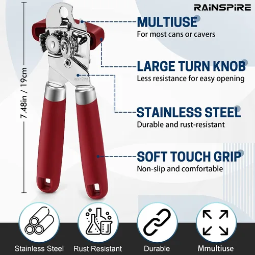 Vista 5 de Rainspire Abrelatas manual de mano fuerte manual de corte de borde liso, abrelatas resistente, mango suave cómodo, abrebotellas integrado, rojo